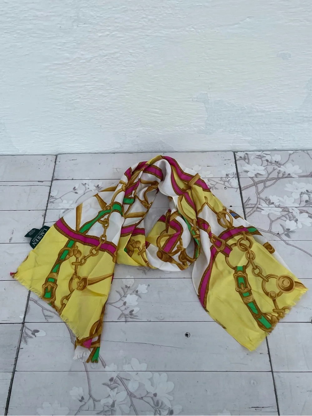 Lauren Ralph Lauren Yellow Silk Scarf with Pink and Green Chain Motif